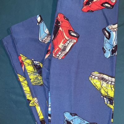 LuLaRoe OS Leggings EUC Bright Classic Old Cars Blue Girls Who Love Cars